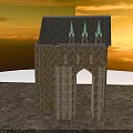 Medieval Castle Gateway Structure With Stone Walls Arched Entry And Spire Towers