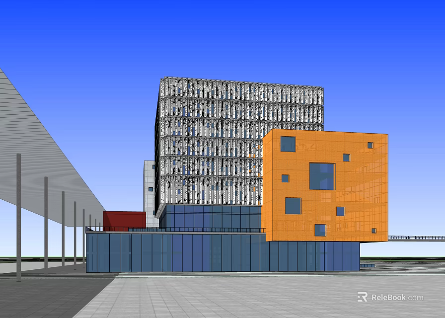 Modern Multi Storey Building Exterior With Orange Section Gray Structure And Glass Elements 3d model