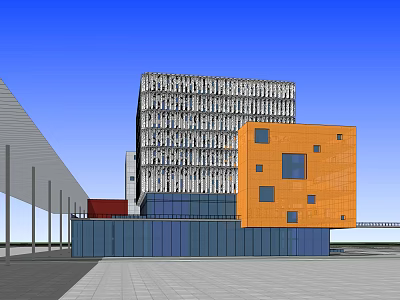 Modern Multi Storey Building Exterior With Orange Section Gray Structure And Glass Elements 3d model