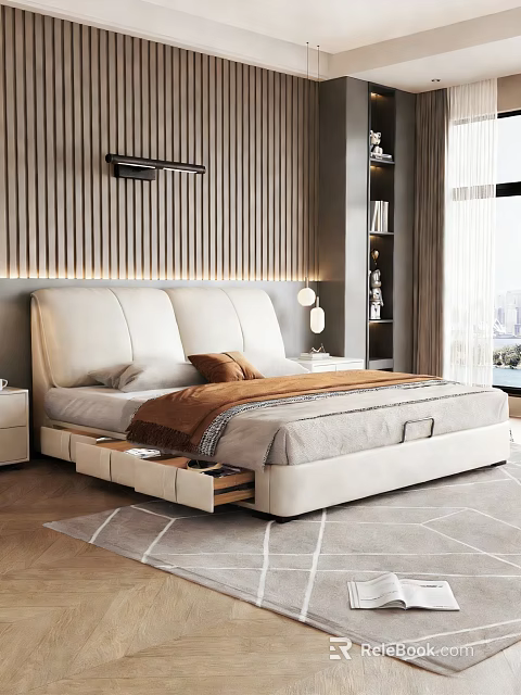 Modern Double Bed With Leather Headboard Storage Drawers And Wooden Panel Wall 3d model 