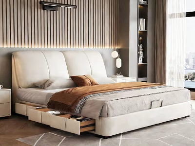 Modern Double Bed With Leather Headboard Storage Drawers And Wooden Panel Wall 3d model