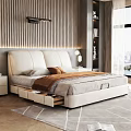 Modern Double Bed With Leather Headboard Storage Drawers And Wooden Panel Wall