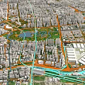 Detailed Urban Aerial Planning of City Layout with River Road Network and Green Spaces