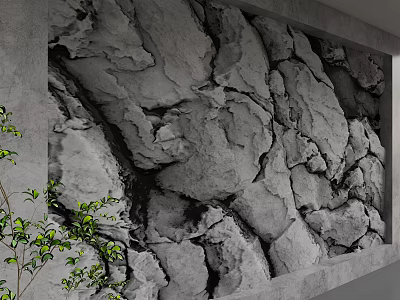 Gray Rock Texture Feature Wall With Green Plants In Natural Interior Design 3d model