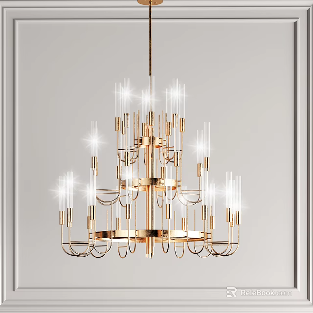 Elegant Modern Brass Chandelier With Multi Tiered Design And Shining Glass Rods 3d model 
