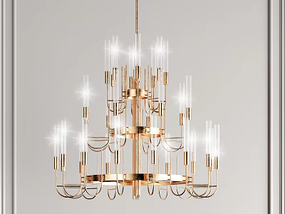 Elegant Modern Brass Chandelier With Multi Tiered Design And Shining Glass Rods 3d model