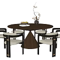 Round Walnut Dining Table Set with Four Black Framed White Cushioned Chairs and Vase 3d model
