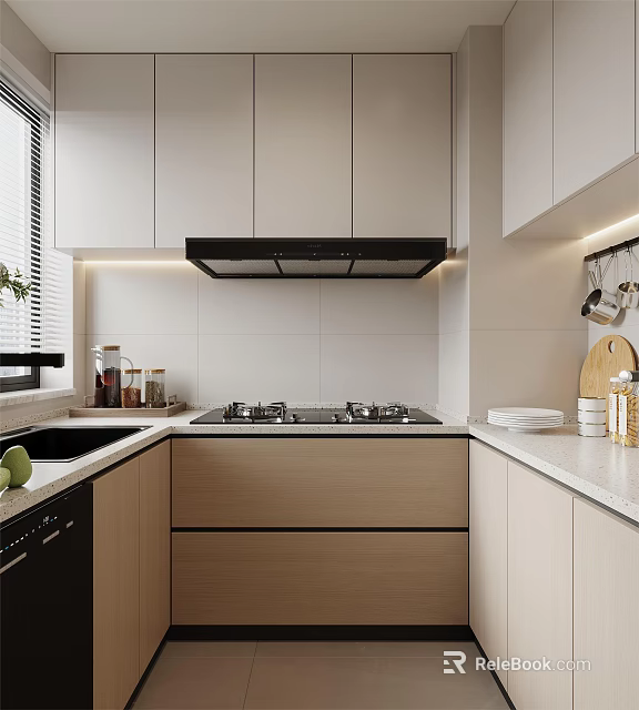 Bright Modern Kitchen With White Light Wood Cabinets Black Range Hood And Built in Stove 3d model 