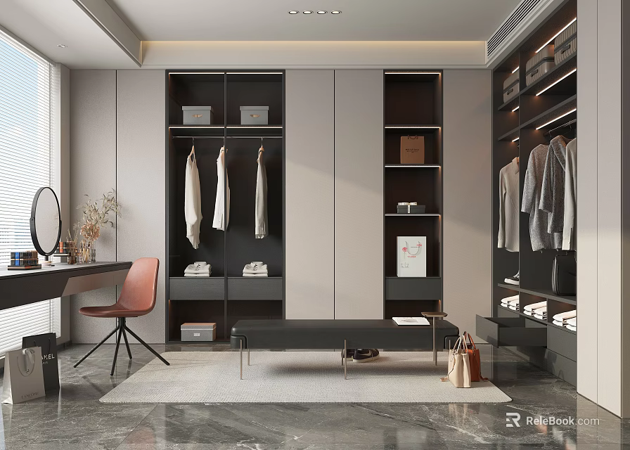 Modern Walk In Closet Interior With Wardrobe Dressing Table And Bench 3d model