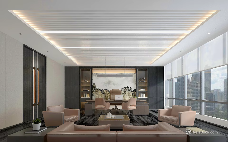 Modern Office Interior With Sofa Chairs Coffee Table And City View Through Windows 3d model 