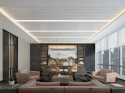 Modern Office Interior With Sofa Chairs Coffee Table And City View Through Windows 3d model
