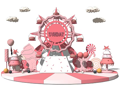 Dreamy Pink Photo Spot With SUNNY Ferris Wheel Clouds Lollipops And Candy Decorations 3d model