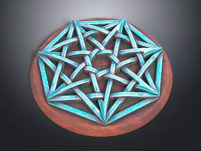 Decorative Geometric Art Piece Featuring Blue Interlaced Star Design On Round Wooden Base 3d model