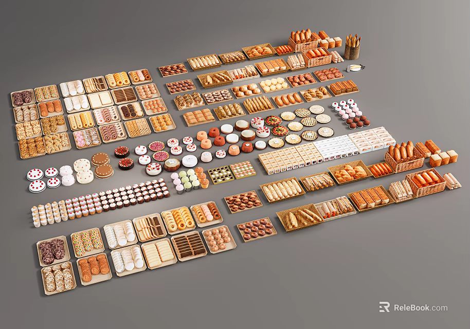 Assorted Baked Goods Including Bread Pastries Cookies And Chocolates Neatly Arranged On Display Trays 3d model 