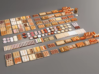 Assorted Baked Goods Including Bread Pastries Cookies And Chocolates Neatly Arranged On Display Trays 3d model