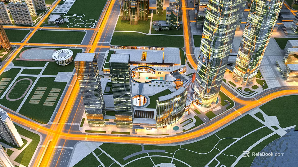 Aerial View Urban Planning With Modern Skyscrapers Central Plaza Roads And Green Spaces 3d model 