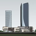 Modern High Rise Office Buildings With Glass Curtain Walls And Urban Green Areas