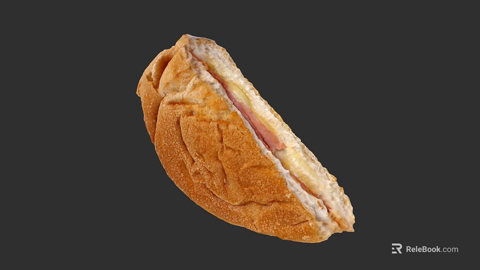 Delicious Golden Bread Sandwich With Ham And Melted Cheese Filling 3d model 