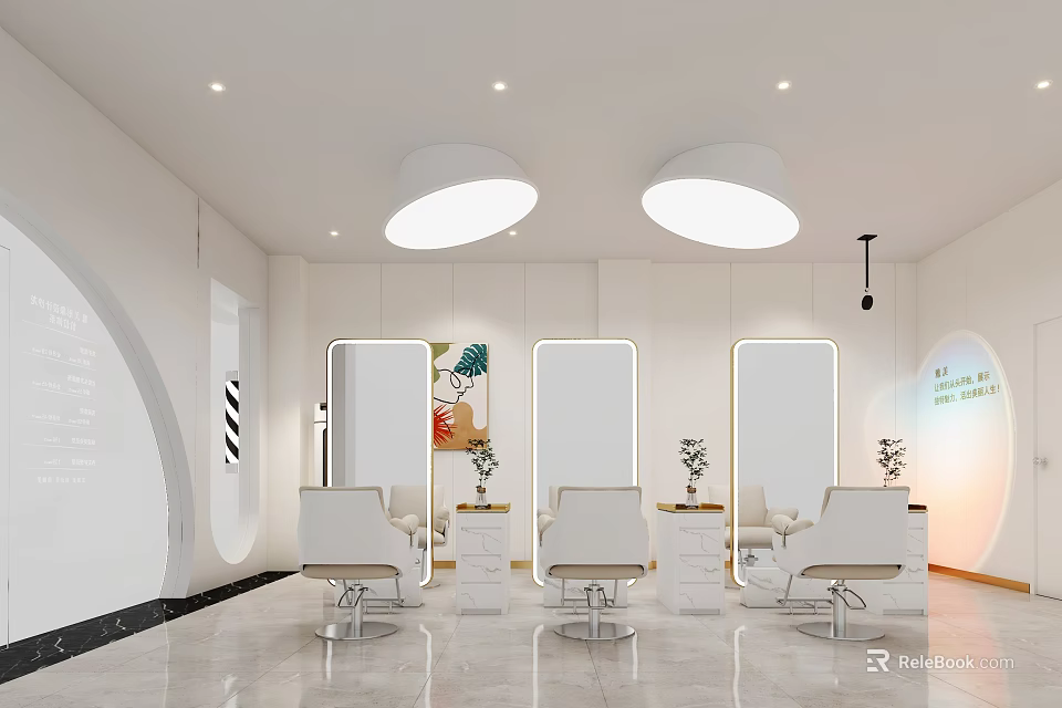 Modern Beauty Hair Salon Interior With Multiple Mirrors White Styling Chairs Round Lights And Plants 3d model 