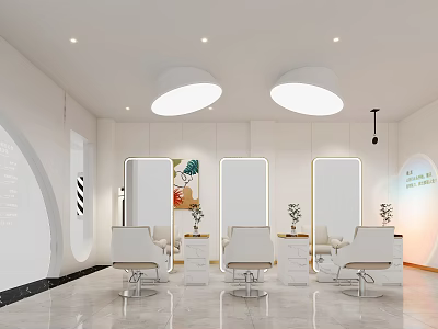 Modern Beauty Hair Salon Interior With Multiple Mirrors White Styling Chairs Round Lights And Plants 3d model