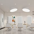 Modern Beauty Hair Salon Interior With Multiple Mirrors White Styling Chairs Round Lights And Plants