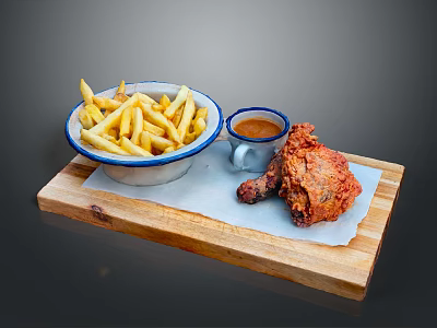 Crispy Fried Chicken Leg With French Fries And Sauce On Wooden Tray 3d model