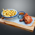 Crispy Fried Chicken Leg With French Fries And Sauce On Wooden Tray
