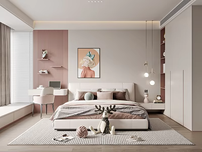 Cozy Kids Room Interior With Bed Desk Chair Deer Toy Pendant Lights And Soft Rug 3d model