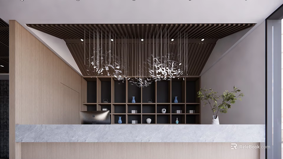Elegant Tea House Interior With Wooden Ceiling Hanging Lights Display Shelves And Marble Countertop 3d model 