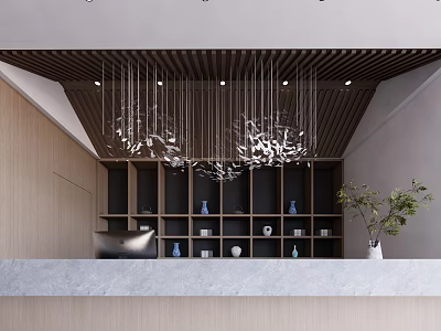 Elegant Tea House Interior With Wooden Ceiling Hanging Lights Display Shelves And Marble Countertop 3d model