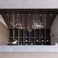 Elegant Tea House Interior With Wooden Ceiling Hanging Lights Display Shelves And Marble Countertop