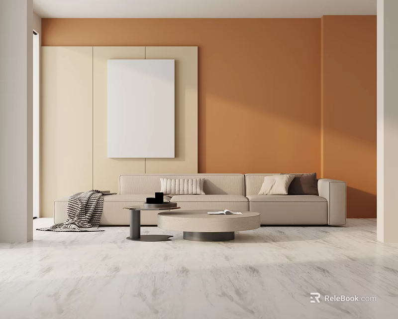 Stylish Modern Living Room Three-Seater Sofa Orange Beige Walls White Artwork Round Coffee Tables 3d model 