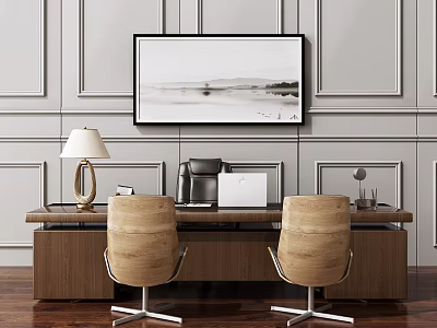 Modern Office Desk With Two Chairs Table Lamp And Laptop On Paneled Wall Background 3d model