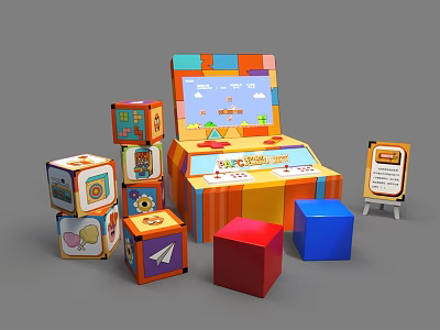 Vibrant Fun Themed Entertainment Appliances Featuring Retro Arcade Machine And Colorful Blocks 3d model