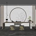 Minimalist Modern Tea Room Interior With Circular Mirror Bamboo Decor And Wooden Table