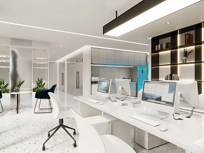 Bright Modern Public Office Area With White Desks Chairs Computers Green Plants And Bookshelves 3d model
