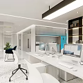 Bright Modern Public Office Area With White Desks Chairs Computers Green Plants And Bookshelves