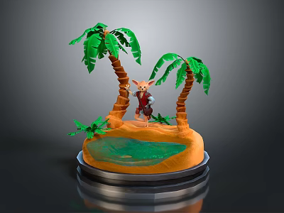 Adventurous Character Standing On Tropical Island With Palm Trees Green Water And Silver Base 3d model