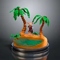 Adventurous Character Standing On Tropical Island With Palm Trees Green Water And Silver Base