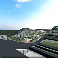 Modern Geometric Office Building Featuring Purple Panels Glass Facade Green Trees And Road With Cars