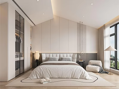 Modern Minimalist Bedroom Interior With King Size Bed Built in Wardrobe And Area Rug 3d model