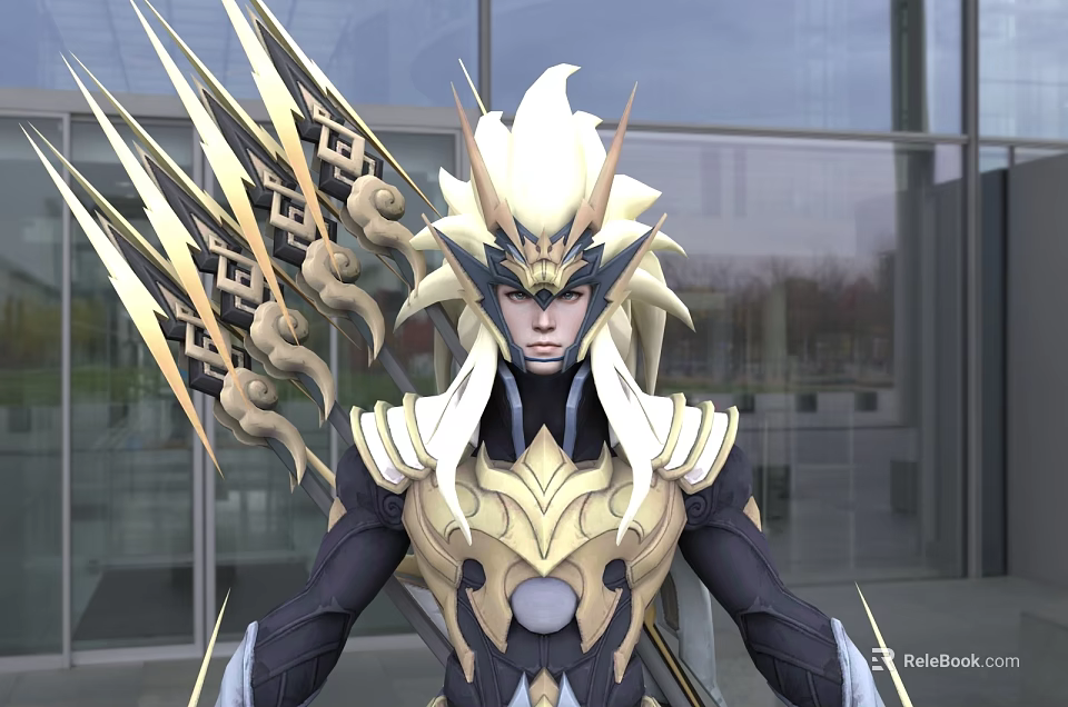 Man in Gold and White Ornate Armor With Elaborate Back Decorations by Modern Glass Building 3d model 