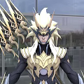 Man in Gold and White Ornate Armor With Elaborate Back Decorations by Modern Glass Building