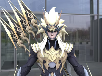 Man in Gold and White Ornate Armor With Elaborate Back Decorations by Modern Glass Building 3d model