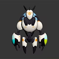 Cartoon Style Mechanical Creature With White Black Body Yellow Circular Eyes And Blue Back Elements
