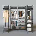 Modern Closet with Hanging Clothes Folded Garments Shoes and Storage Bins on Metal Shelves