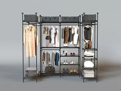 Modern Closet with Hanging Clothes Folded Garments Shoes and Storage Bins on Metal Shelves 3d model