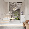 Office Corridor Interior Design With Marble Staircase Minimalist Walls Chandelier Green Plants And Sofa