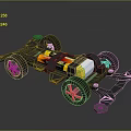 Toy Car Chassis 3D Model With Gray Frame Black Wheels Yellow Black Motor White Components