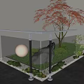 Glass Fence in Courtyard With Grass Lawn Large Rock Small Tree Moon Decoration And Pebbles